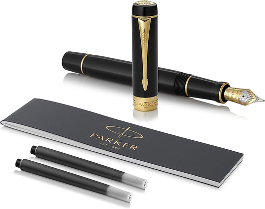 PARKER 1931382 Duofold Classic Black GT Fountain Pen, Medium Point, 18K Gold Nib, Gift Boxed