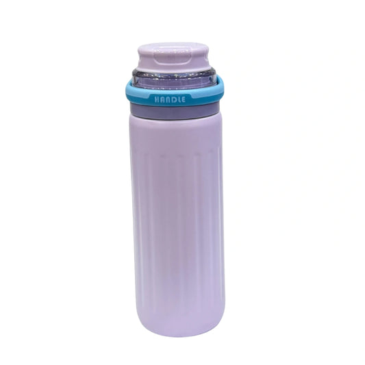 Ribbed Stainless Steel Sports Water Bottle with Flexible Carry Handle & Flip Top Cap