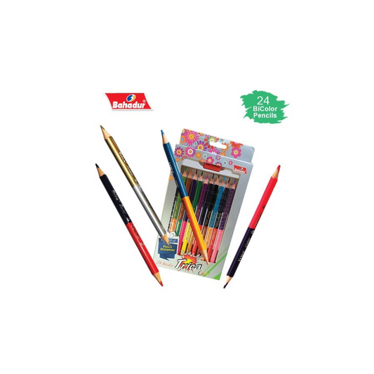 BAHADUR Pack of 12 Bicolor- Trica- COLOR PENCIL -24 Colors 2 in 1- IMPORTED Includes Silver & Gold- Colour- Stationery