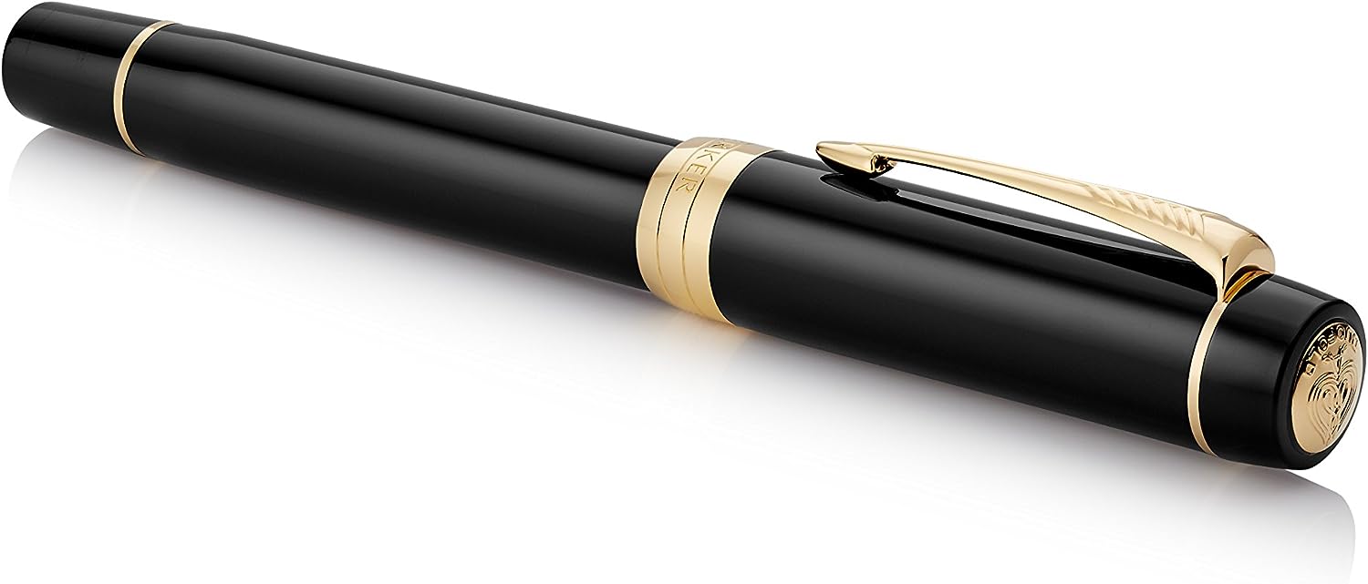 PARKER 1931382 Duofold Classic Black GT Fountain Pen, Medium Point, 18K Gold Nib, Gift Boxed
