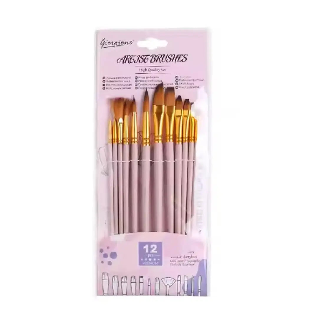 Giorgione Artist Brushes — 12 Pcs Premium (Pink Handle)