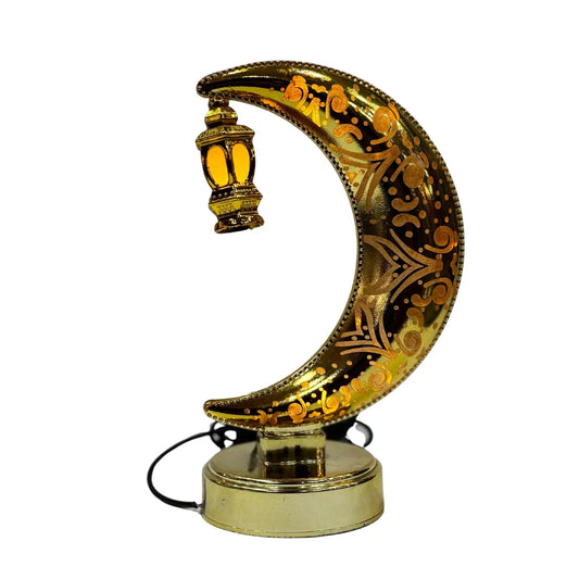 Golden Crescent Moon Ramadan Lantern with LED Light