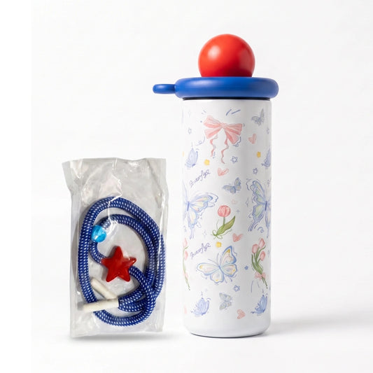 Butterfly Print Kids Water Bottle with Ball Cap Lid & Adjustable Carry Strap