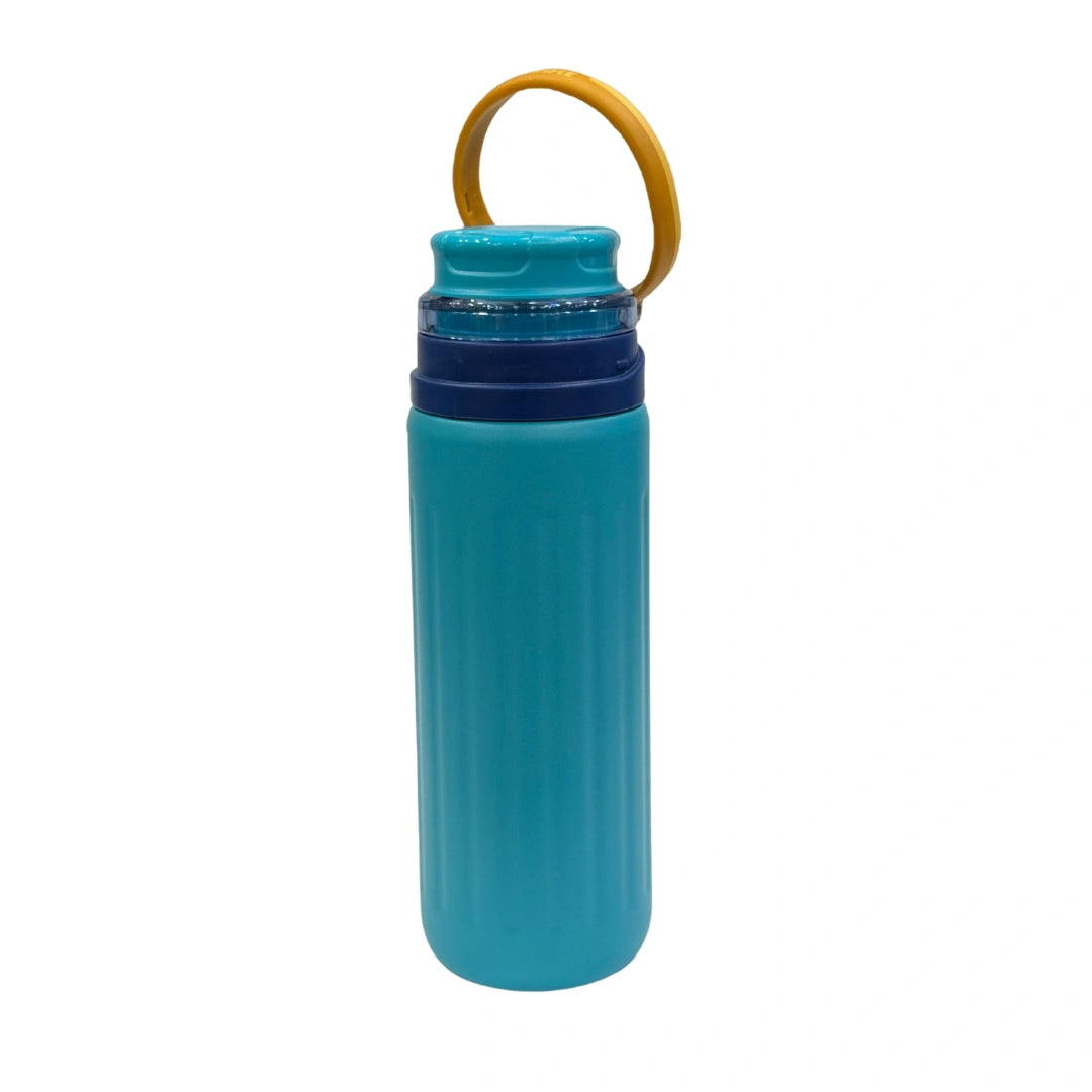 Ribbed Stainless Steel Sports Water Bottle with Flexible Carry Handle & Flip Top Cap