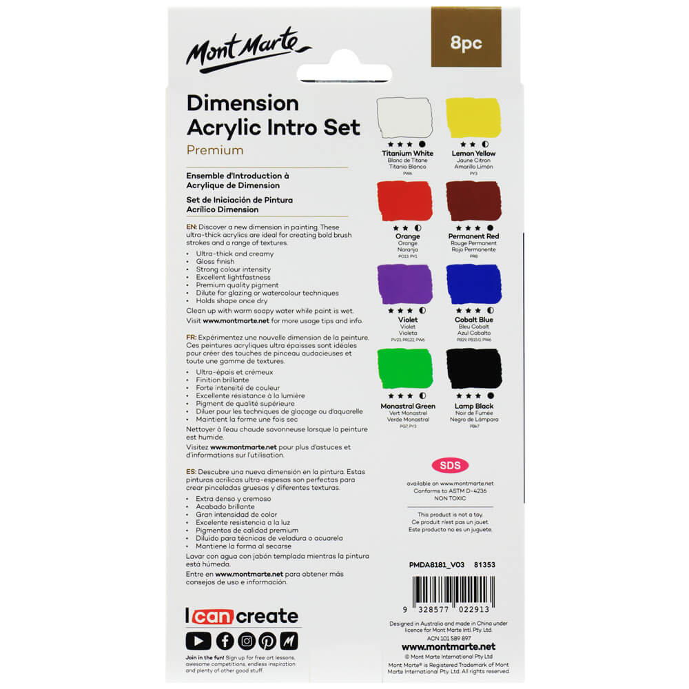 MONT MARTE Dimension Acrylic Paint Intro Set Premium 8pc x 18ml (0.6 US fl.oz)